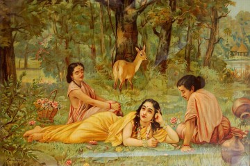 deer and Shakuntala Raja Ravi Varma Indians Oil Paintings